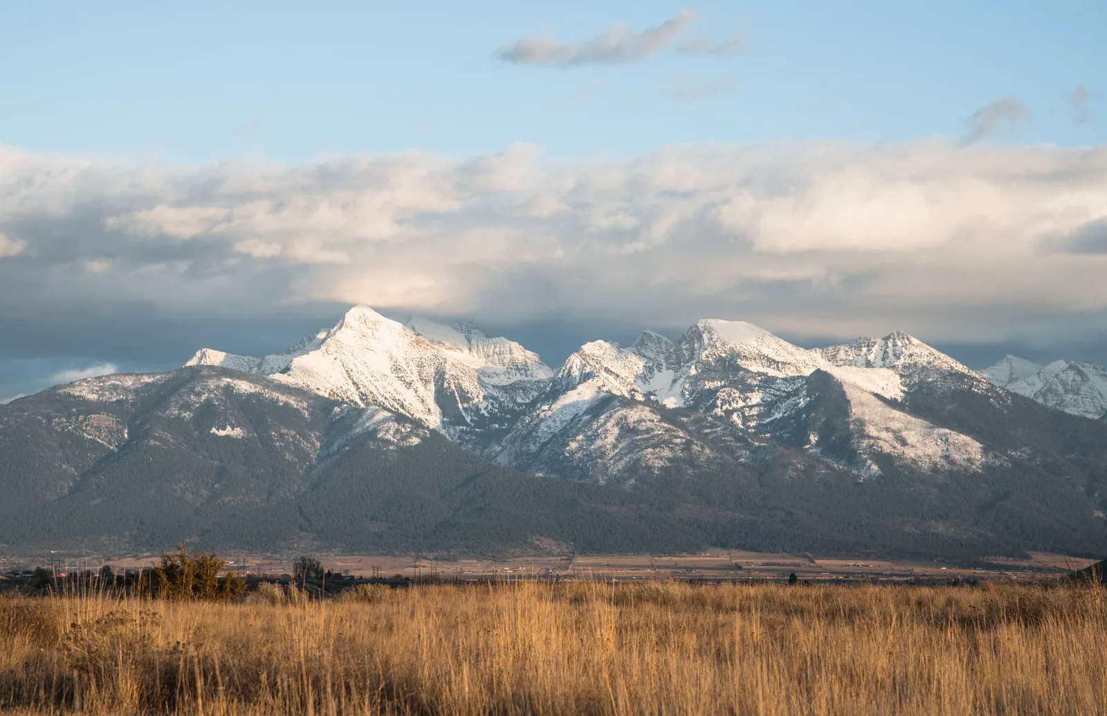 Snow capped Montana mountains under a clear blue sky